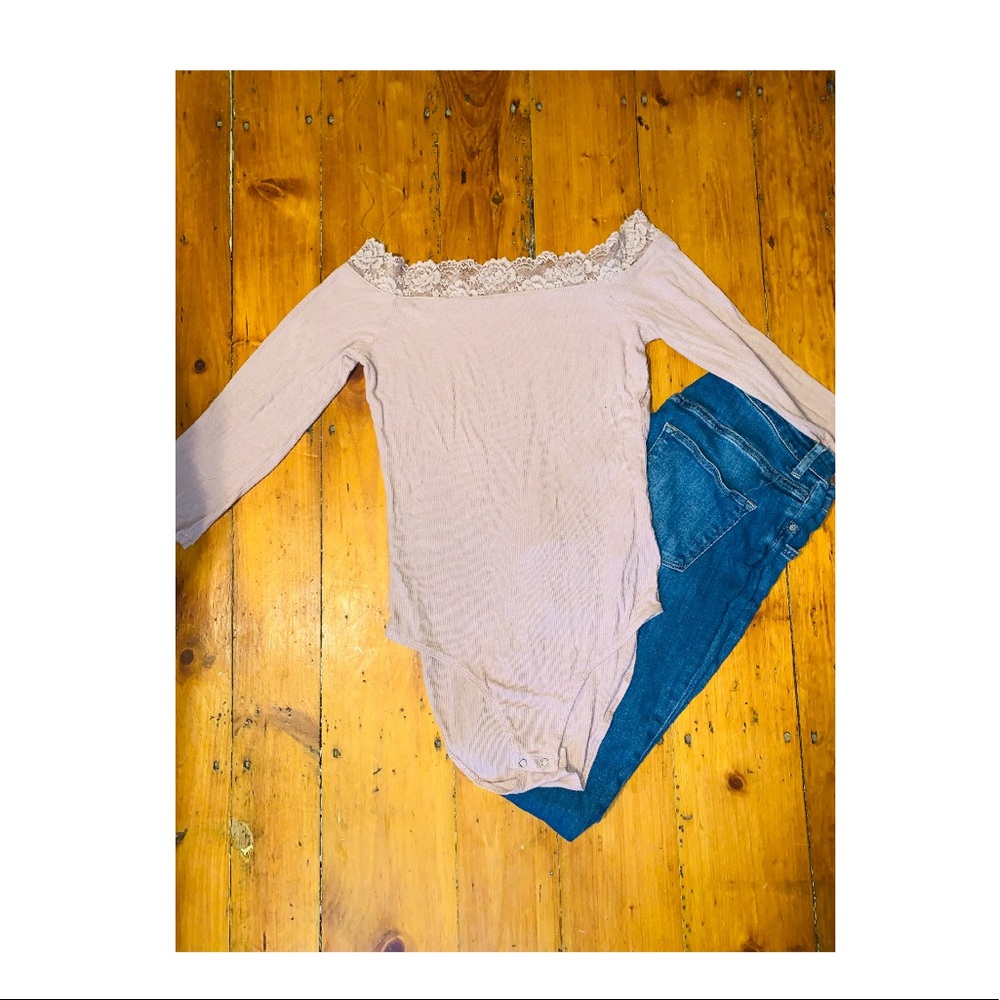 off-the-shoulder mauve body suit!